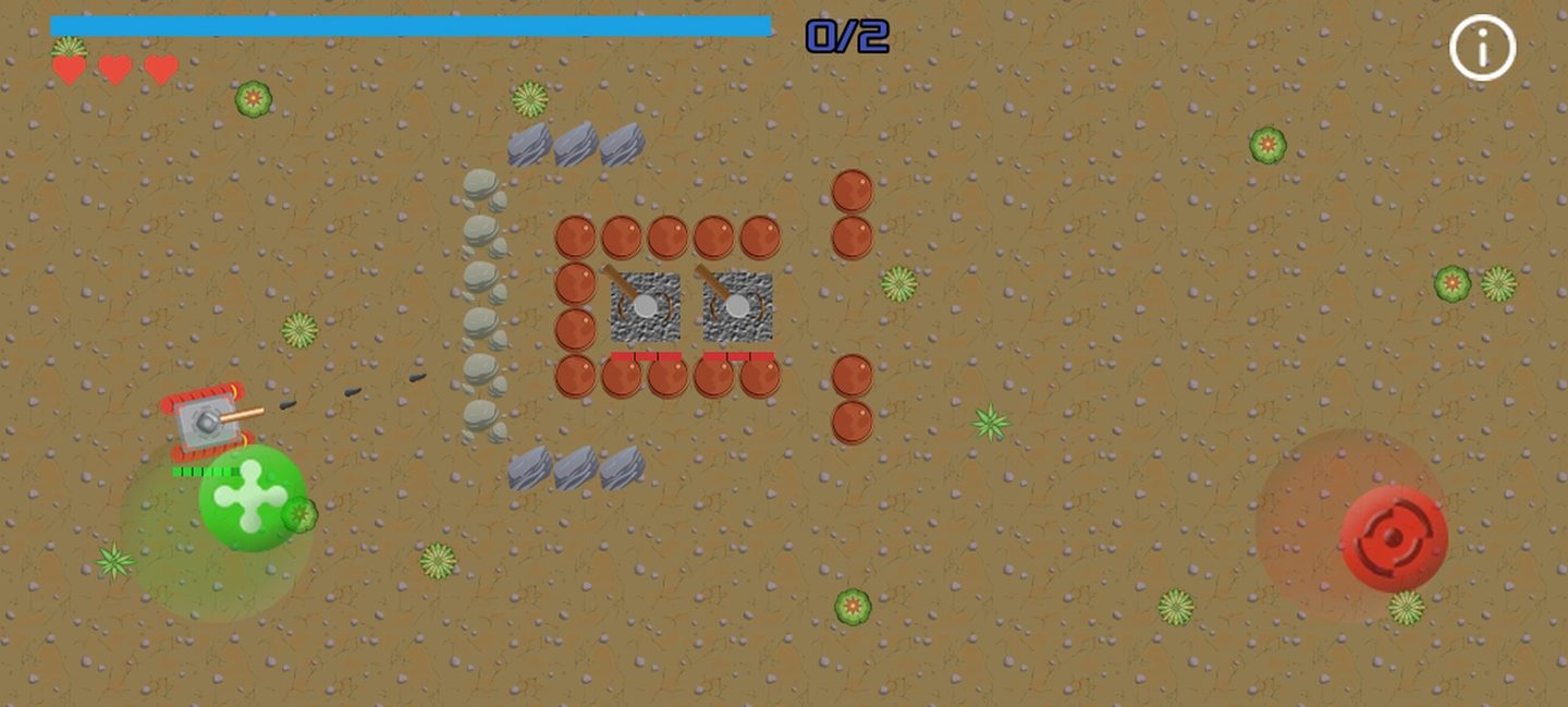 A wall of explosive barrels guarding two cannon turrets in Panzo
