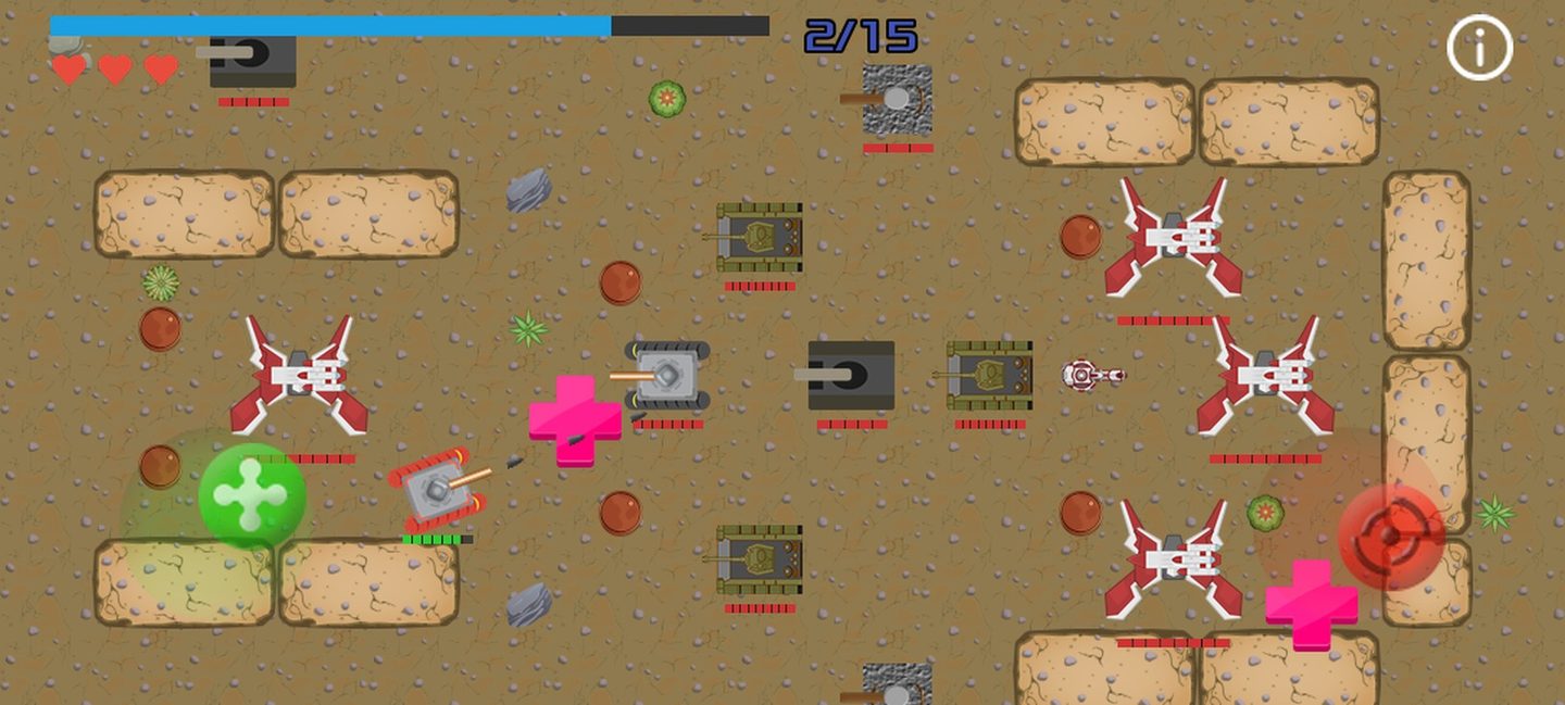 Panzo gameplay in Desert Storm: the player tank firing at rocket turrets and enemy panzers