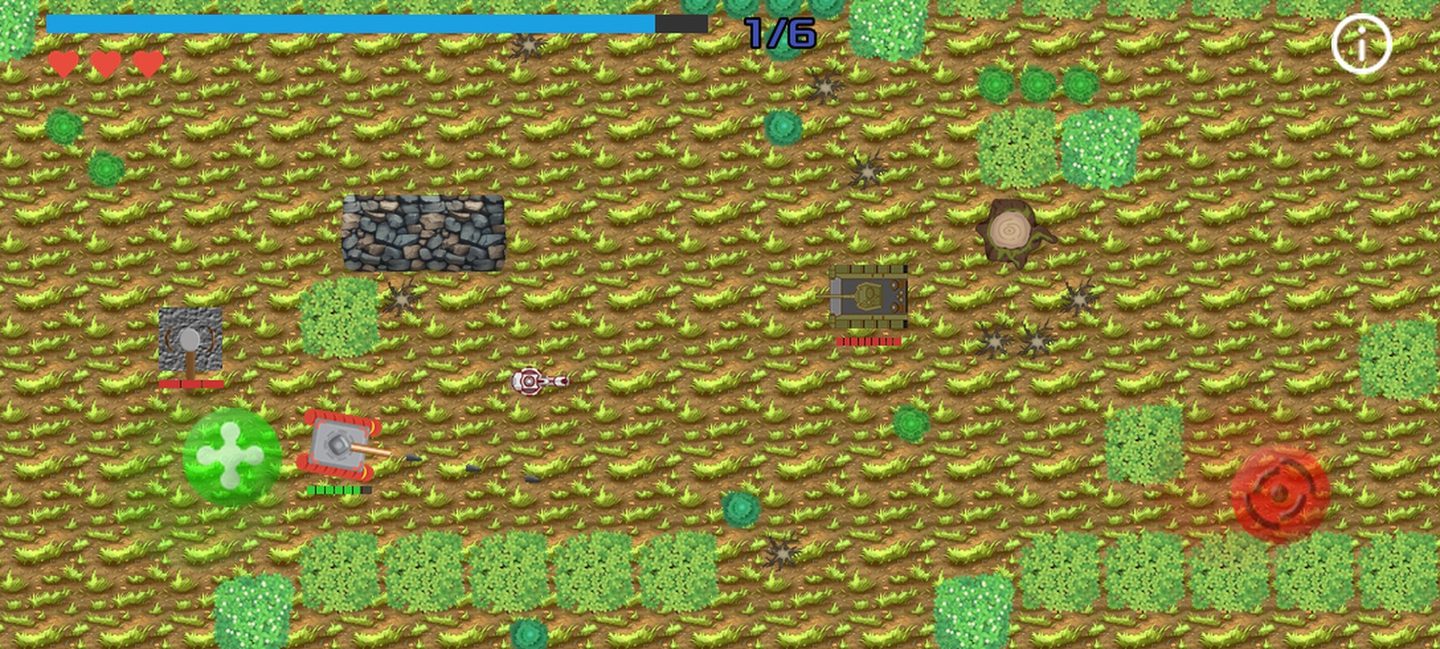 Panzo gameplay in Green Valley: grass terrain with tree lines, stone walls and an enemy tank