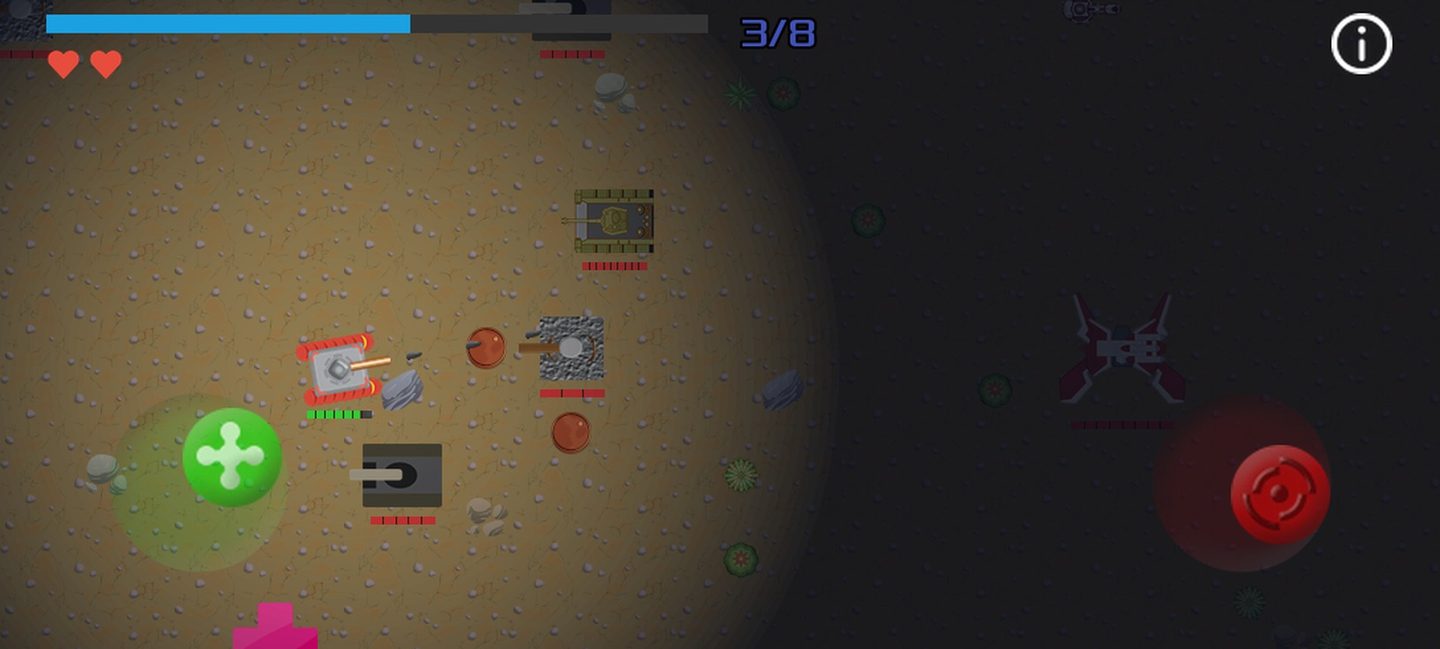 A dark Panzo level lit only by the player tank's headlight
